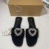 ZA New 2024 Summer Water Diamond Open toed Flat Bottom Outerwear Cool Slippers for Women Black Heart Shaped Buckle Beach Slippers for Women