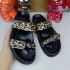 ZA women's shoes 2024 new product round headed straight strap with exposed toes thick soled sandals leopard print metal buckle decoration height increasing cool slippers for women