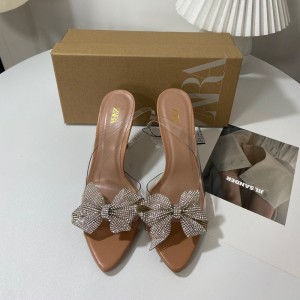 ZA new 2024 summer pointed thin heel shallow high-heeled shoes for women with bow decoration and empty one line sandals for women's fashion