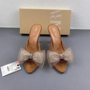 ZA2024 New French Summer Pointed Toe High Heel Shallow Bow Water Diamond Shining Decoration Rear Air Heel Sandals