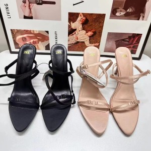 ZA summer new product 2024 French high-heeled shoes with a slim strip and shallow mouth, fashionable back cross exposed heel high-heeled sandals for women