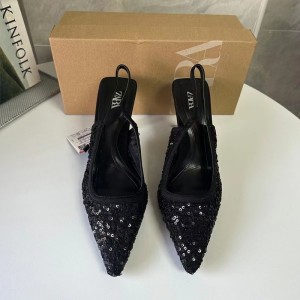 ZA Summer 2024 New Pointed, Fine Heels, Shallow Mouth French High Heels, Black sequins Fashion, Outerwear, Dew Heels, Sandals for Women