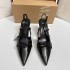 ZAKQ2024 Autumn New High Heels Black Lacquered Leather Bow Pointed Fine Heels Rear Tripping Strap Shallow Sandals for Women