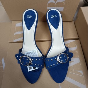 ZA women's shoes 2024 autumn new item dark blue rivet buckle style western-style sandals Ankola pointed slippers high heels