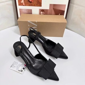 ZA Early Autumn New Black Pointed Bow Thick Heel Strap High Heels Women's Bag Head Design Sandals