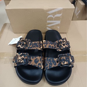 ZA2024 Summer New Product One line Leopard Leather Belt Black Buckle Female Drag Flat Bottom Round Head Casual Women's Shoes