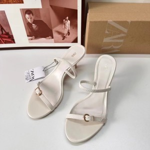 ZA High Heel Sandals 2024 Autumn New Style White Strap Round Head Metal Buckle Fashion Thin Heel Sandals for Women