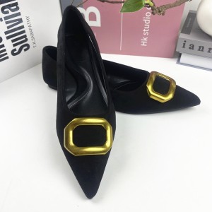 ZA women's shoes 2024 summer new women's shoes black metal buckle pointed flat sandals fashionable shallow mouth single shoe ballet