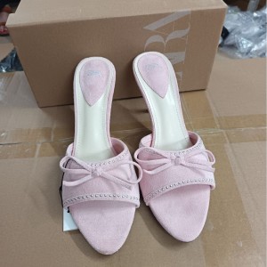 ZA2024 Autumn New Pink French Sheep Fleece Rivet Bow Fashion Thin Heel Sandals Internet Celebrity