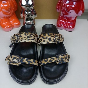 ZA women's shoes 2024 new product round headed straight strap with exposed toes thick soled sandals leopard print metal buckle decoration height increasing cool slippers for women