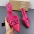 ZA2024 Summer New Women's Shoes Rose Red Fine Heel Buckle Pointed Shoes Bare Heel Sandals Sheepskin Leather High Heels