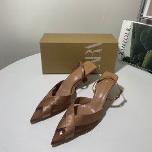 ZA new 2024 summer slim heel patchwork with brown temperament high heels, women's pointed fashion temperament sandals, women's fashion