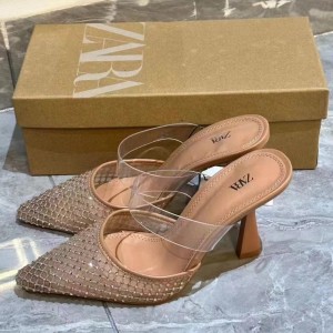 ZA New Product 2024 European and American style Baotou Breathable Small Water Diamond Strap Fashion High Heels Shallow Open Heel Sandals for Women