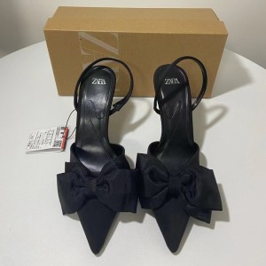 ZA New Product 2024 French Fashion High Heels Pointed Bow Decoration Shallow Mouth Dew Heel Small Heel Design Fine Heel Sandals for Women