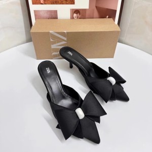 ZA New Product 2024 Autumn Artificial Pearl and Black Silk Bow Decoration Pointed High Heels, Headless Sandals for Women