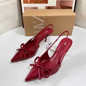 ZA2024 autumn hot selling new red patent leather bow decoration pointed high heels with a straight back empty toe cap sandals for women