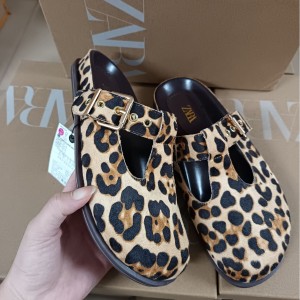 ZA2024 animal pattern printed leather thick soled shoes French round toe Boken toe metal back hollow toe sandals