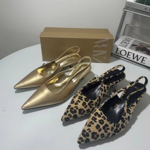 ZA new 2024 summer pointed thin heel shallow mouth high heels women's back strap exposed heel leopard print metal sandals women's fashion