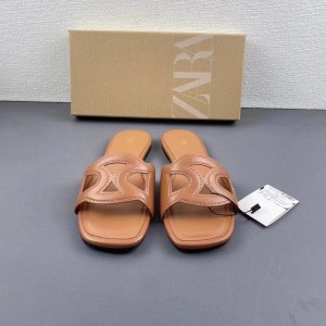 ZA2024 Summer New Product Women's Shoes Brown Flat Flat One Word Straw Hollow Square Head Open Toe Casual Versatile Flat Sandals