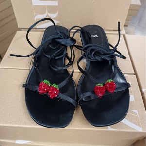 ZA Women's Shoes Summer New Product TRF Women's Shoes Black Water Diamond Fashion High Heels Beaded Cherry Pendant Decoration Fine Heel Sandals