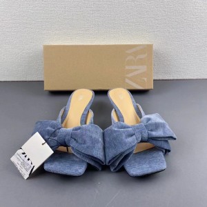 ZA's new 2024 summer square toe, shallow mouth, slim heel, high-heeled shoes for women with bow ties, fashionable sandals for outdoor wear, and women's fashion trend