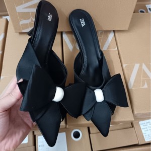 ZA Women's Shoes 2024 Autumn New Product Women's Shoes Artificial Pearl and Black Silk Butterfly Knot Decoration Pointed High Heels Headband