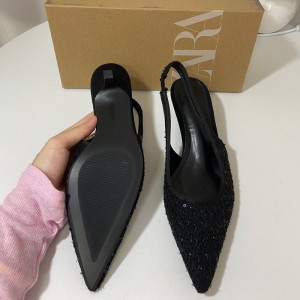 ZA2024 Autumn New High Heels Pointed Black Beads Middle Heels Thin Heels Women's Sandals Small Fragrant Style Women's Shoes