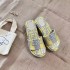 F letter embroidered slippers for women wearing thick soled slope and waterproof platform, versatile sponge cake with a single strap and height increasing grass woven slippers