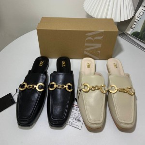 ZA's new 2024 summer flat sandals for women with exposed heels and metal chain toe caps, semi slippers for wearing outside, cool slippers for women's fashion