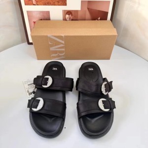 ZA Women's Shoes 2024 Summer New Product Women's Shoes Black Water Diamond Decoration Summer Outerwear Flat Sandals Fashion Beach Women's Shoes