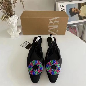 2024 ZA Summer New Fashionable Women's Shoes Black Color Diamond Decorative Details Bare Heels Flat Shoes Sandals for Women