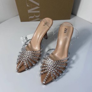 ZA High Heels 2024 Summer New Pointed Shallow Mouth Water Diamond Spider Web Thin Heel Straw Hollow Sexy Shoes