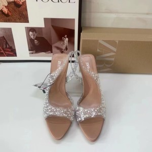 ZA2024 New Product Quality Apricot Fashionable Pointed Fish Mouth French PVC Hollow Exposed Toe Shallow Mouth Pearl Jewelry Fine Heel