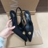 ZA2024 new kitten heel black metal inlaid fabric pointed exposed heel with toe cap and empty high-heeled sandals