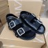 ZA Women's 2024 New Black Riveted Leather Flat Bottom Open toed Cool Slippers for Outer Wear Beach Strap Sandals