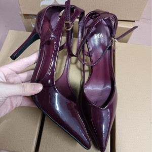 ZA Women's Shoes 2024 Autumn New Sandals Women's Pointed Crimson Lacquer Leather Fine Heels Shallow Mouth Ultra High Heels Muller Shoes