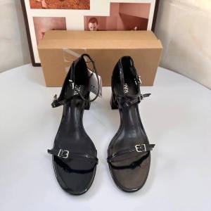 ZA Women's Shoes 2024 Autumn New Product Women's Shoes Black Lacquer Leather Effect Round Head One Word Straw Thick Heel Cool