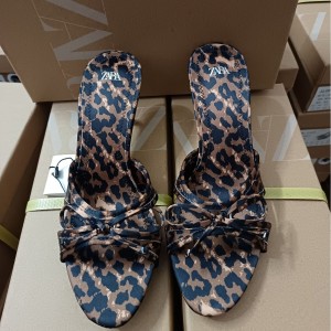 ZA2024 Summer New Women's Shoes Leopard Pattern One Word Bow High Heels Silk Fine Heels Women's Shoes