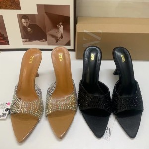 Spain ZA2024 Spring New Product Shiny Diamond High Heels Cool Slippers Sexy Pointed Toe Fashion Shoes for Women