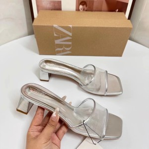 ZA series new product 2024 women's shoes silver mesh exposed heel thick heel casual high heels Mueller shoes for women wearing sandals