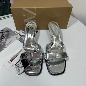 ZA New Product 2024 High Heels French Square Head Silver Series Back Air Straw with Bow Decoration Open toed Sandals for Women