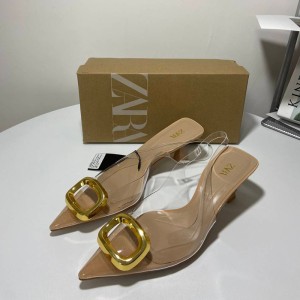 ZA women's new shoes for spring/summer 2024 with pointed, thin, exposed heels, natural color, transparent metal square buckle sandals for women