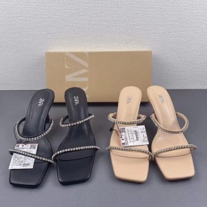 ZA2024 Summer New Women's Shoes with Thin Heels, Versatile, Sexy, Bare Color, Square Head Style, Water Diamond Pullband, High Heel Sandals