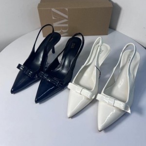 ZA new 2024 pointed shallow bow bow thin heel high-heeled shoes for women, with a back strap and patent leather fashion, wearing sandals for women