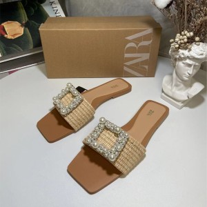 ZA New Product 2024 Summer Women's Shoes Square Head with Square Buckle Grass Mat Pearl Decoration Back Bare Toe Half Dragged Sandals for Women