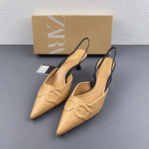 ZA New 2024 Summer Fine Heel Pointed Shallow Mouth Sandals for Women, with a Single Buckle and Strap Back, Exposed Heels, Female Trendy