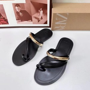 ZA New Product 2024 Summer Flat Bottom Two Strips with Metal Half Ring Clamp Toe Shop European and American Style Daily Half Dragged Sandals for Women