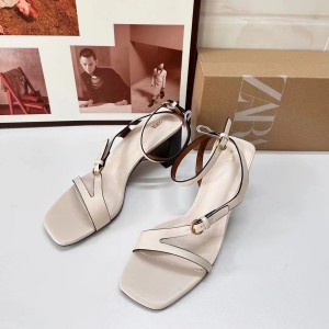 ZA new product 2024 autumn French square toe thick heel V-belt back strap exposed toe casual high heels sandals for women