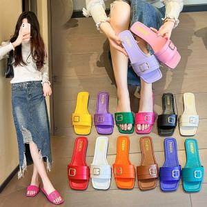 Cool slippers for women, 2024 summer new style, low heel, one line, fashionable women's slippers, belt buckle