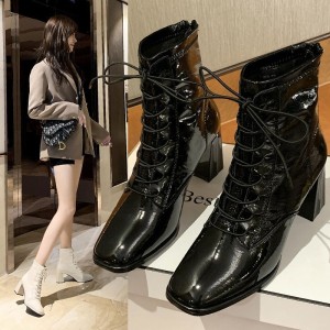 Korean style fashion boots, women's British style lace up short boots, thick heels, fashionable high heels, square toe casual short boots